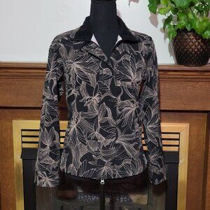 Athleta Odyssey Black Tan Floral Leaf Print Zip Up Jacket Magnetic Closure Size